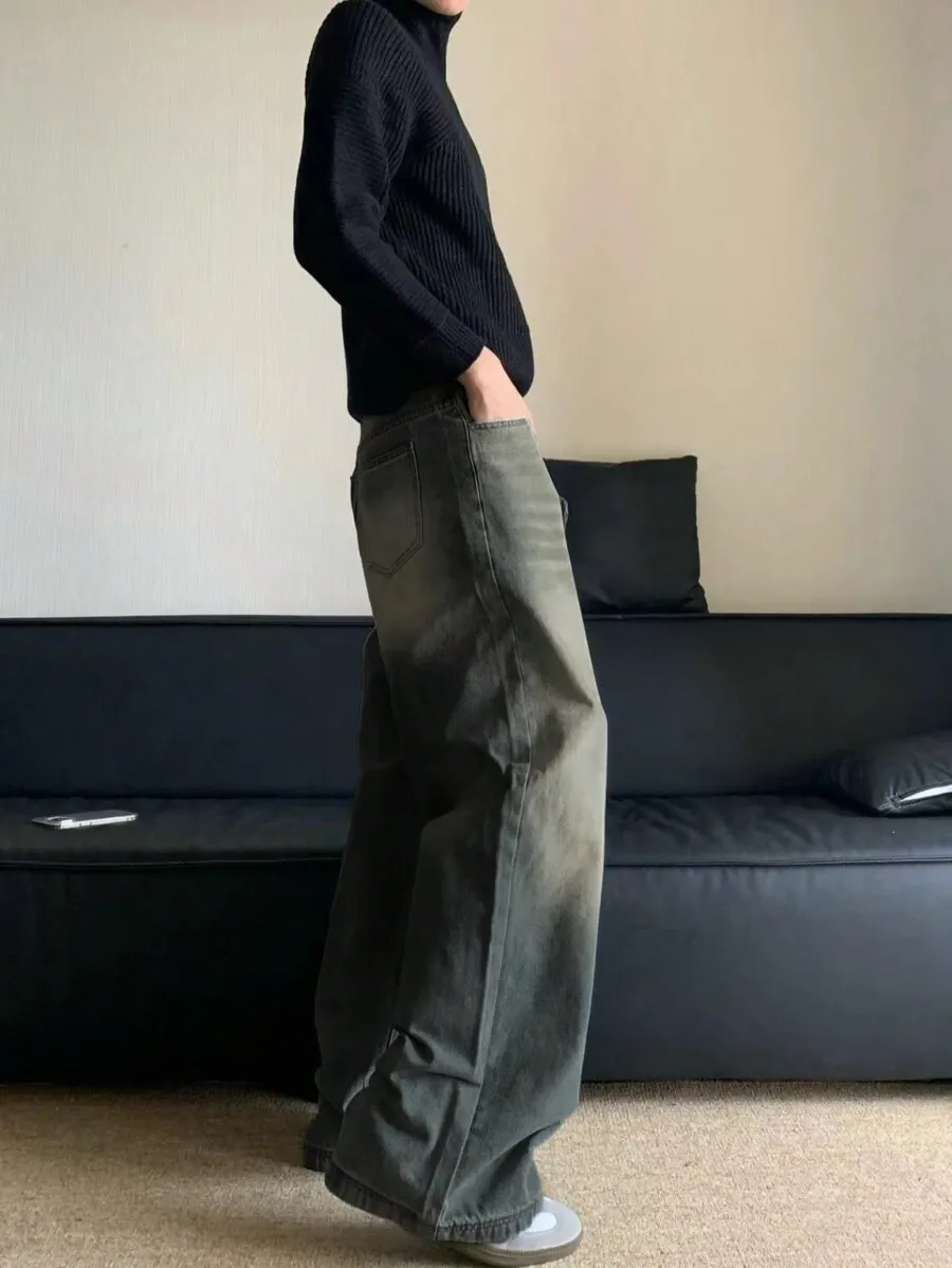 カジュアル ルーズフィット ダメージ加工 ワイドレッグ メンズ デニムジーンズ