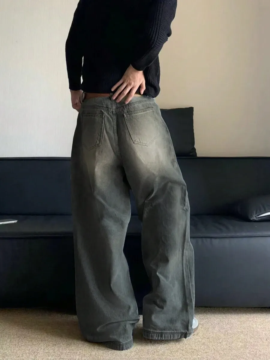 カジュアル ルーズフィット ダメージ加工 ワイドレッグ メンズ デニムジーンズ