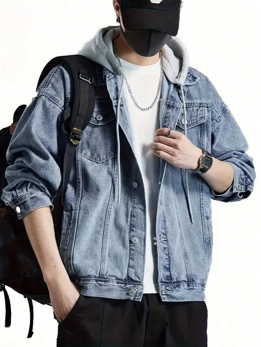 メンズ レトロ ルーズ 取り外しフード デニムジャケット