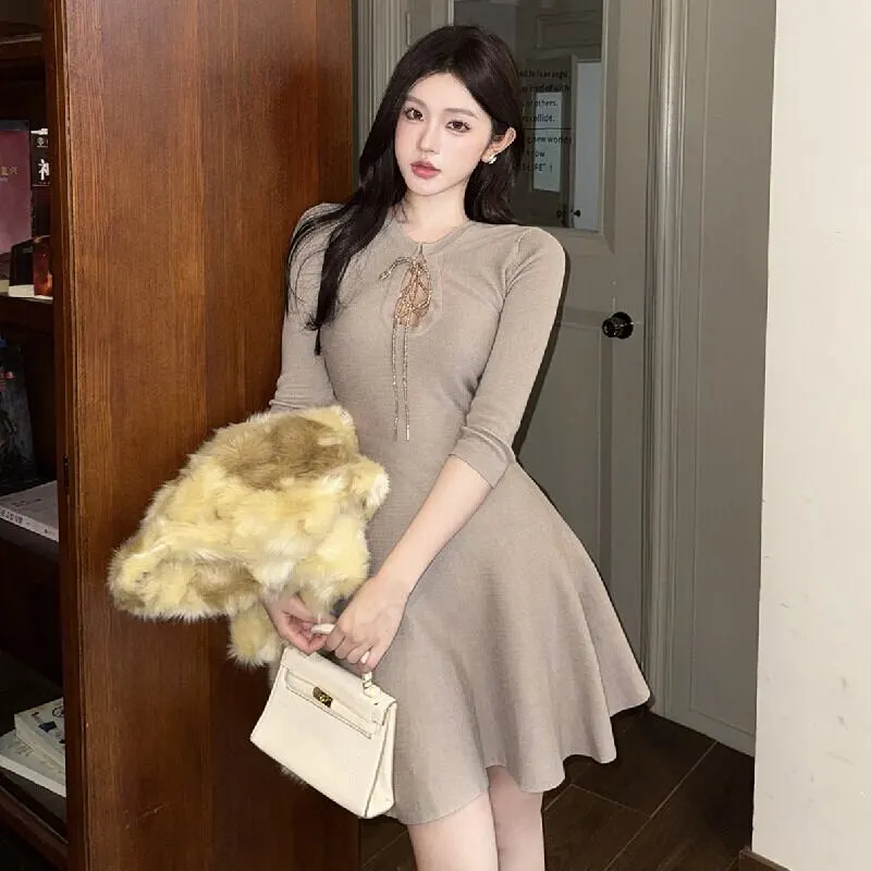 ワンピース ニット リボン ウエストマーク おしゃれ Aライン