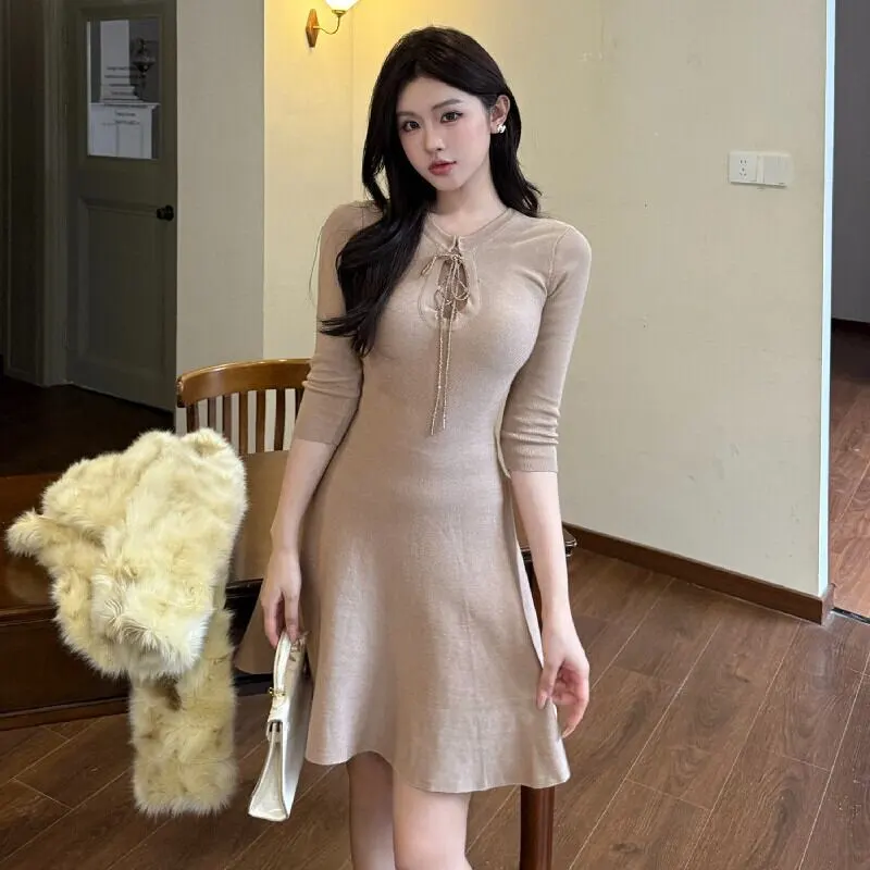 ワンピース ニット リボン ウエストマーク おしゃれ Aライン