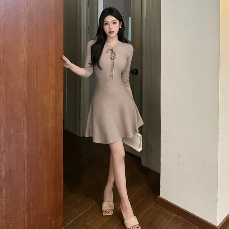 ワンピース ニット リボン ウエストマーク おしゃれ Aライン