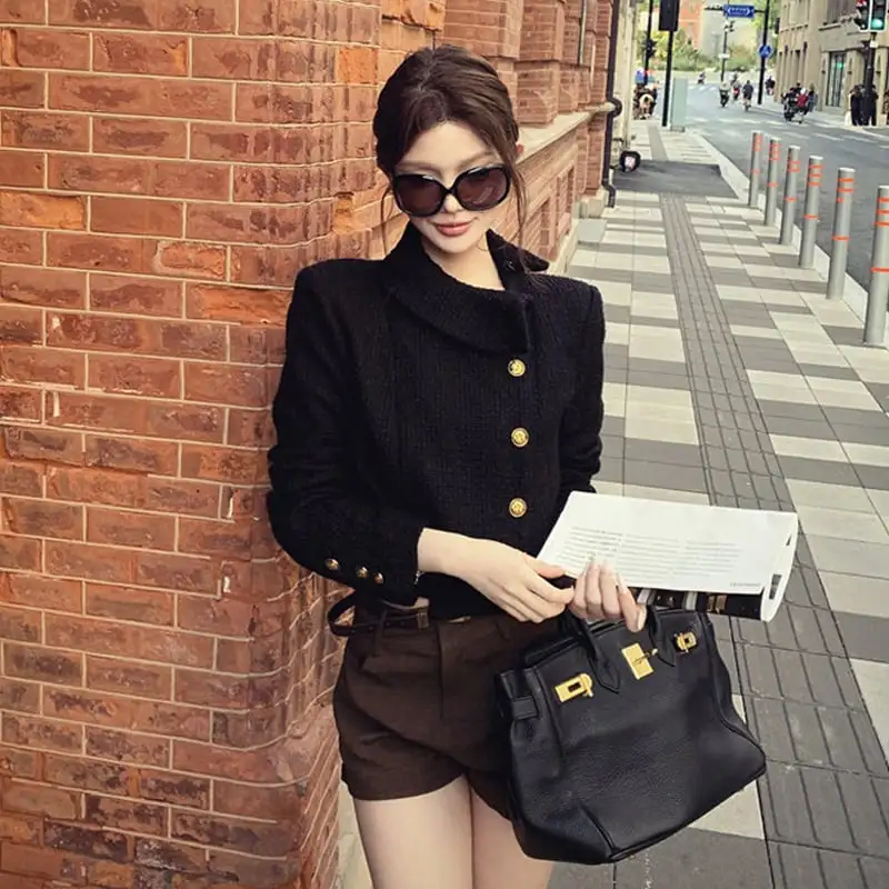 アウター ジャケット ターンダウンカラー ショート丈 フィット ブラック