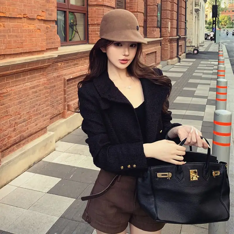 アウター ジャケット ターンダウンカラー ショート丈 フィット ブラック