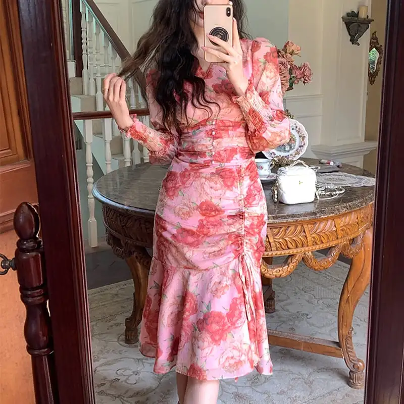 ワンピース Vネック 花柄 美人度アップ ハイウエスト 長袖