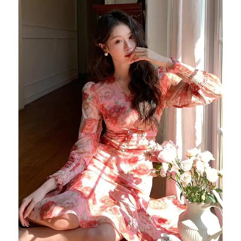 ワンピース Vネック 花柄 美人度アップ ハイウエスト 長袖