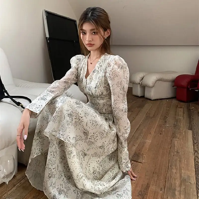 ワンピース Vネック 肩パフ 長袖 ロング丈 花柄 気質溢れる