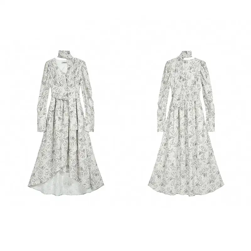 ワンピース Vネック 肩パフ 長袖 ロング丈 花柄 気質溢れる