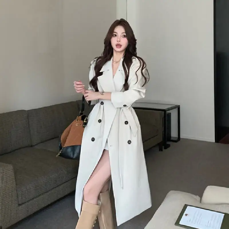 アウター トレンチコート ダブルボタン＆ベルト付き 抜け感のある ロング丈 S M