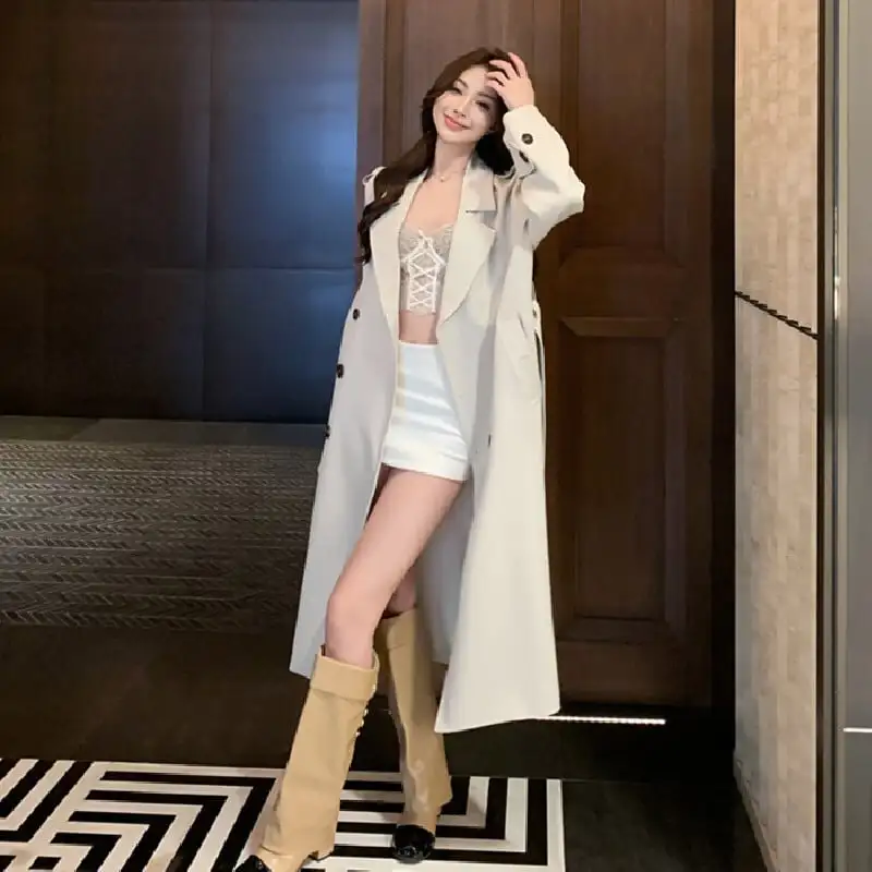 アウター トレンチコート ダブルボタン＆ベルト付き 抜け感のある ロング丈 S M