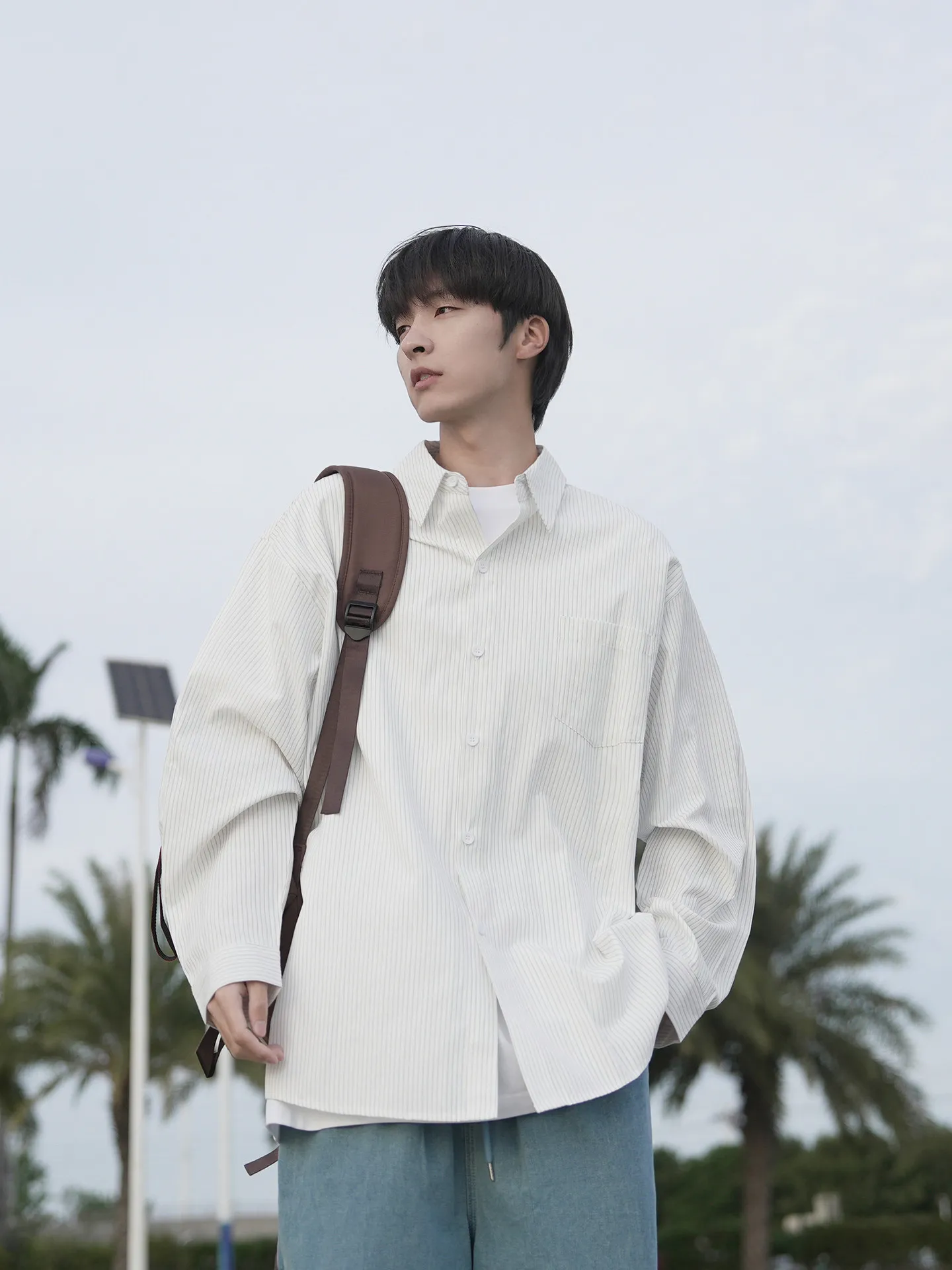 定番 ストライプ ルーズ カジュアル 長袖 シャツ