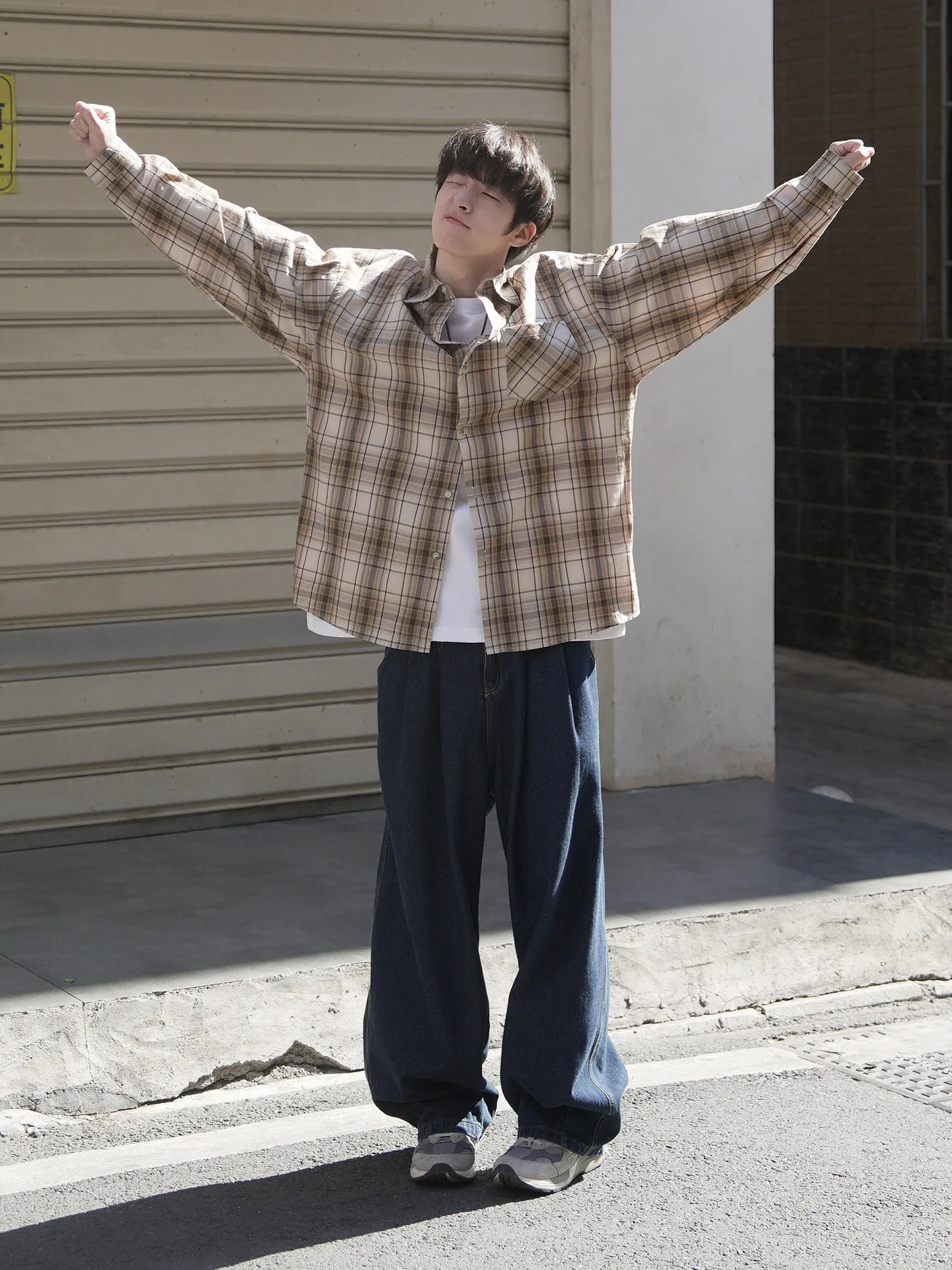 レトロ チェック柄 折り襟 長袖 シャツ