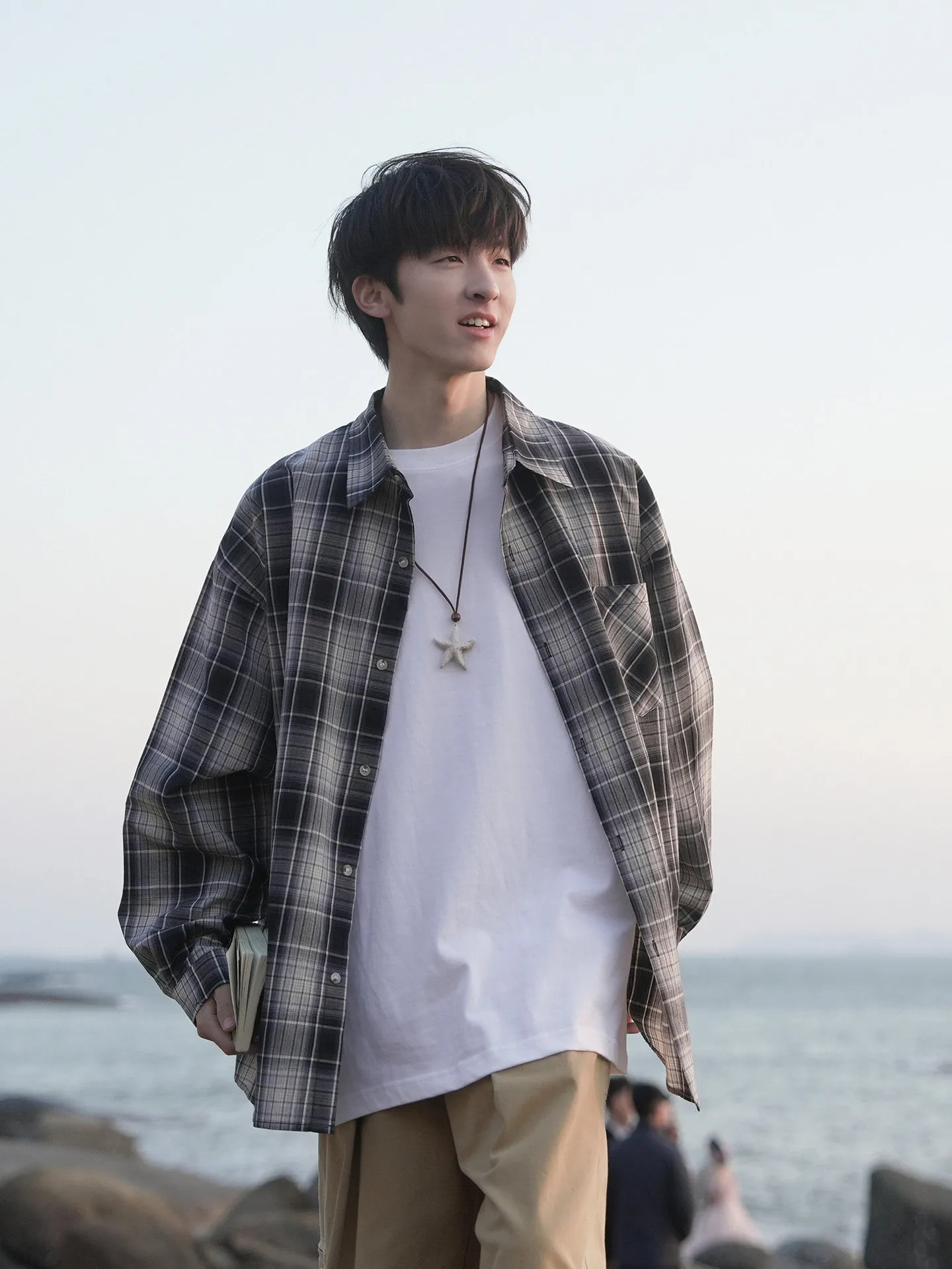 レトロ チェック柄 折り襟 長袖 シャツ