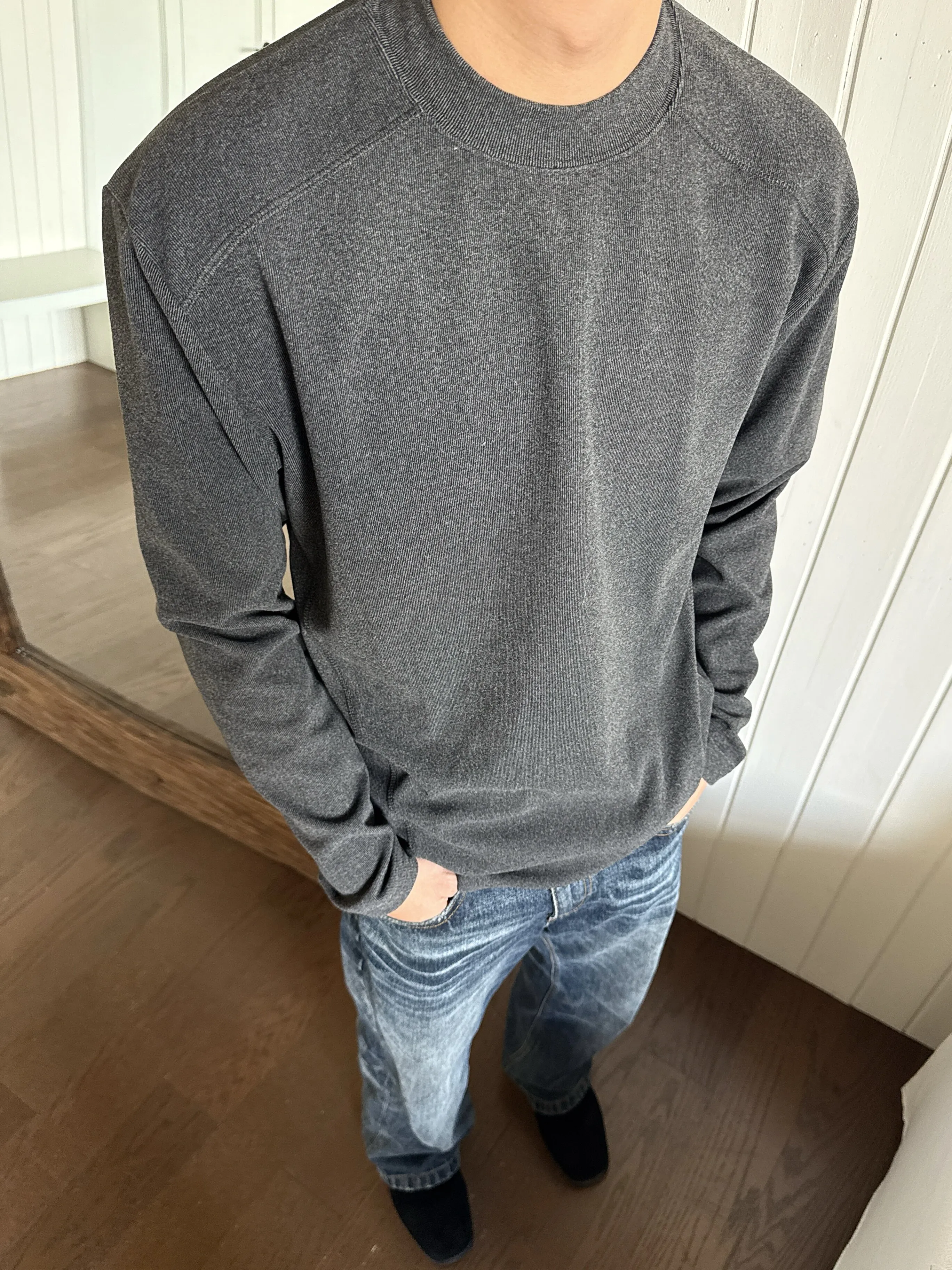 レトロ ラウンドネック 合わせやすい 人気 長袖 Tシャツ