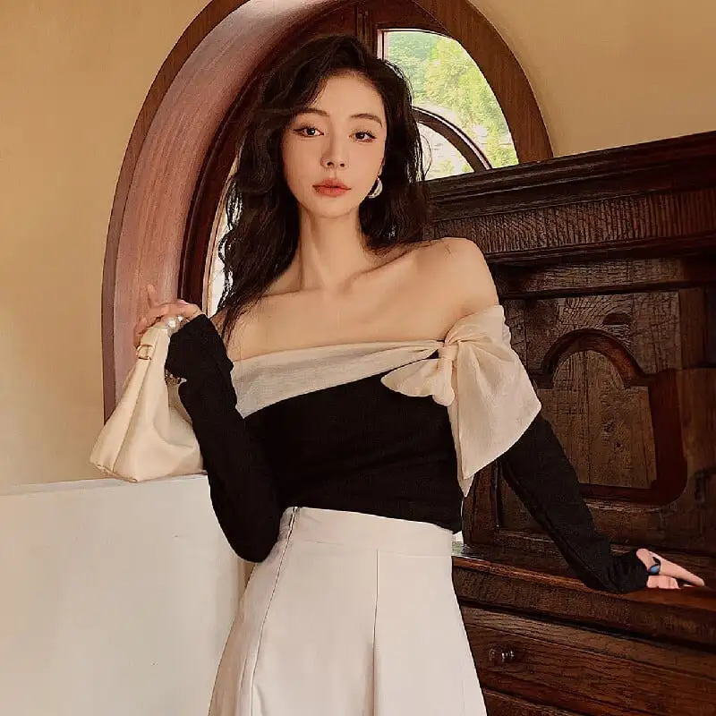 トップス オフショルダー リボン 気質溢れる