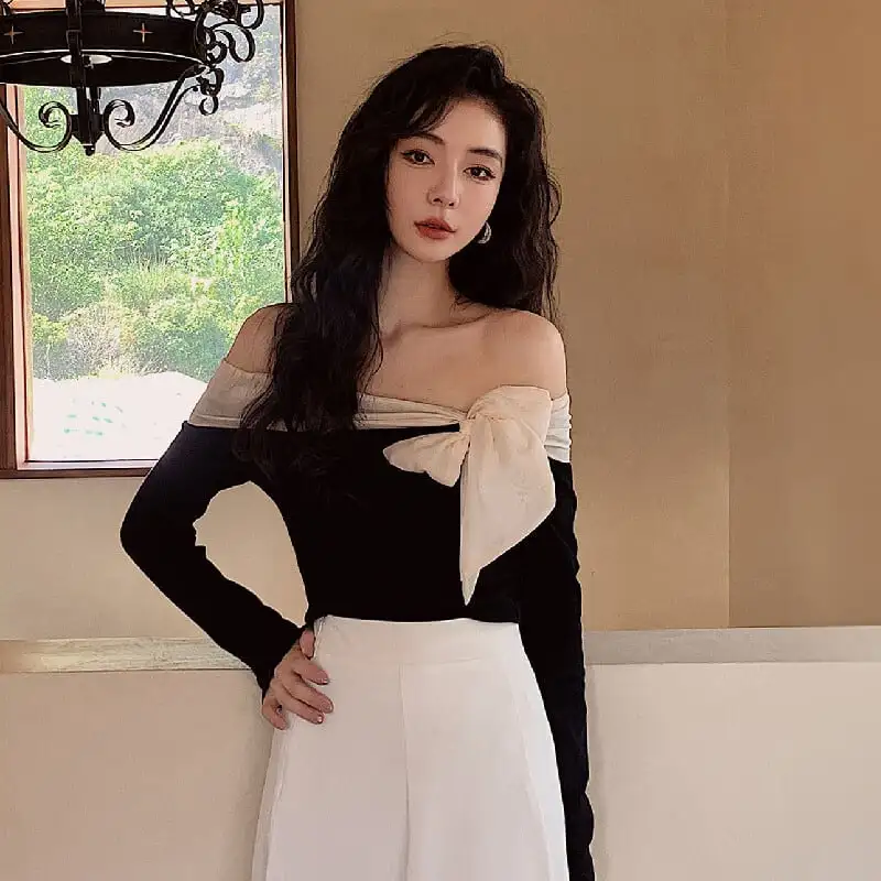 トップス オフショルダー リボン 気質溢れる