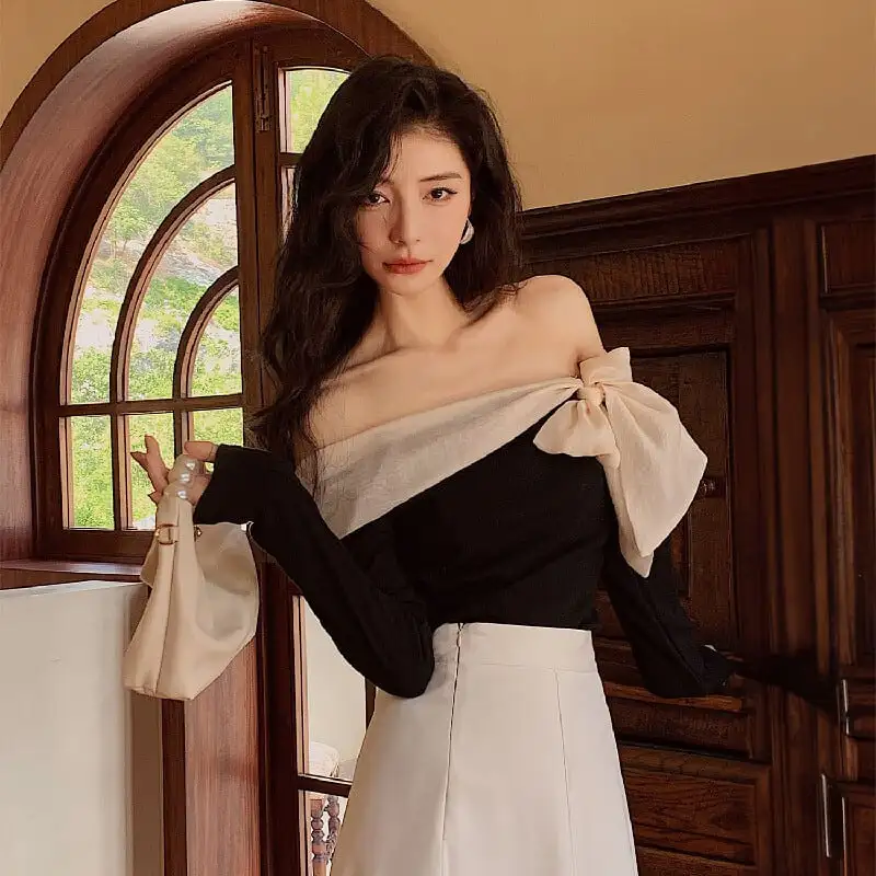 トップス オフショルダー リボン 気質溢れる