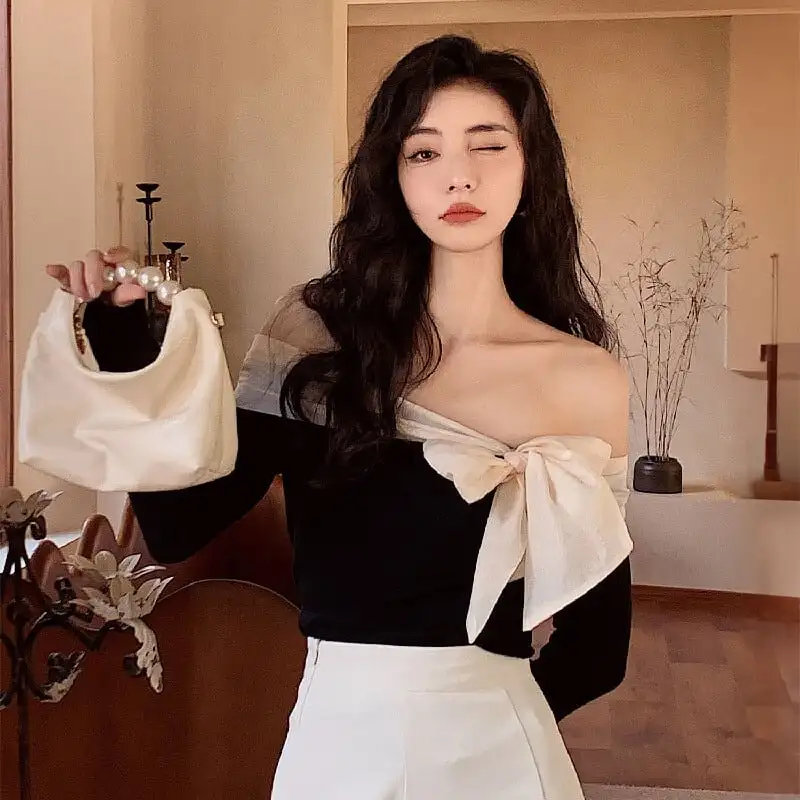 トップス オフショルダー リボン 気質溢れる