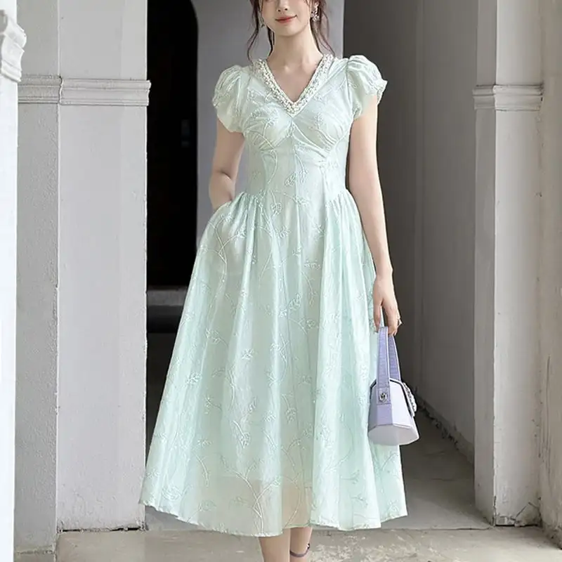 ワンピース Vネック フィットウエスト 清新 ライトグリーン