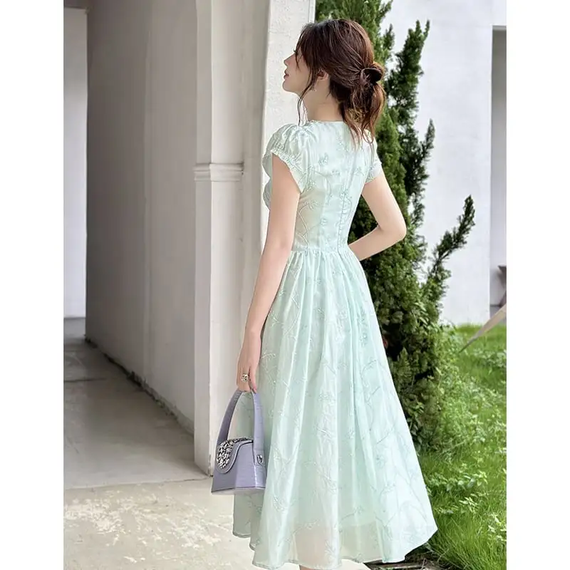 ワンピース Vネック フィットウエスト 清新 ライトグリーン