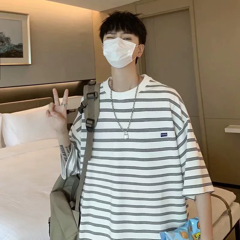 大人気 カジュアル レトロ ボーダー柄 ルーズ 合わせやすい 半袖 Tシャツ