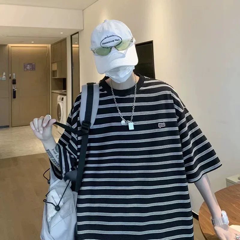 大人気 カジュアル レトロ ボーダー柄 ルーズ 合わせやすい 半袖 Tシャツ